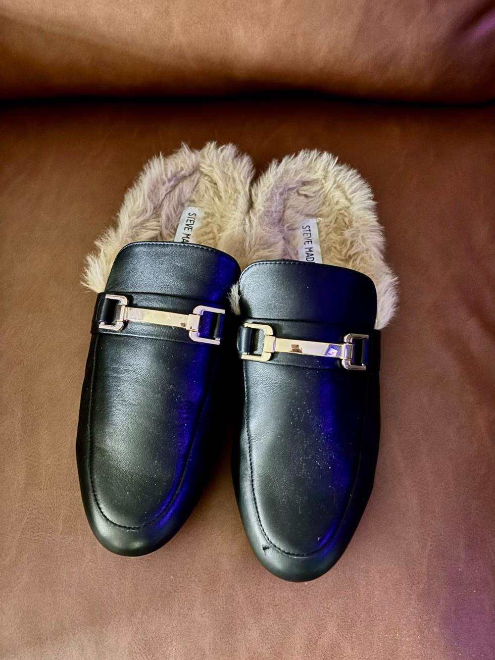 Steve Madden Black Faux-Leather Fur-Lined Mule with Gold Hardware